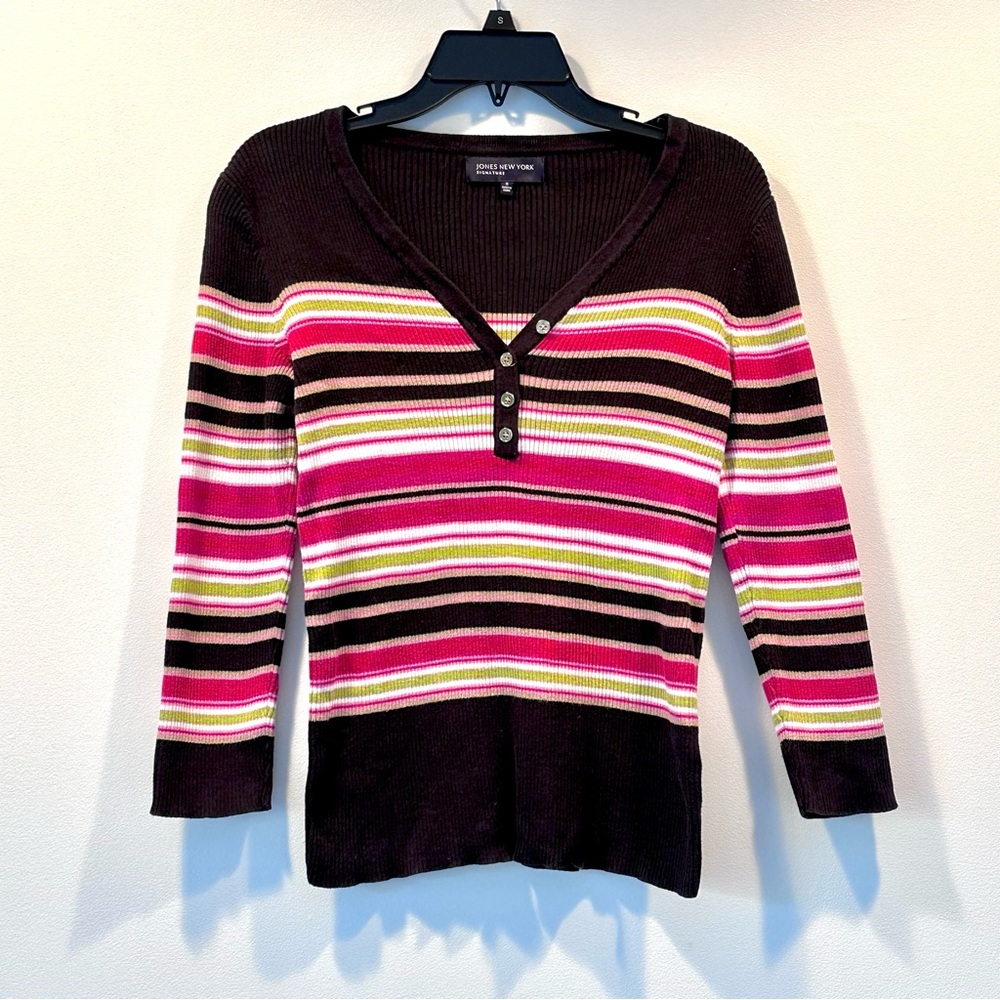 Jones New York Signature Black Pink Green V-Neck Ribbed Knit Sweater, Size S